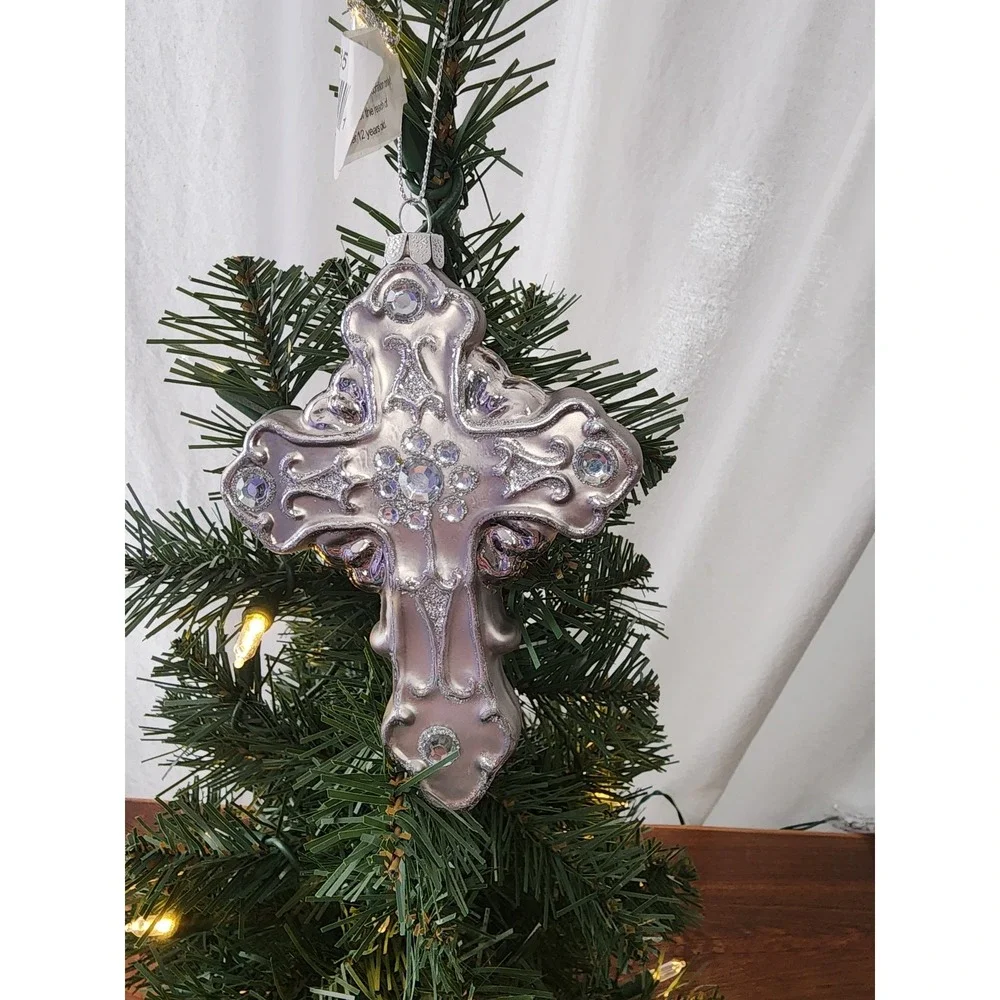 NEW Filagreed Glass Hanging‎ Cross Christmas Ornament